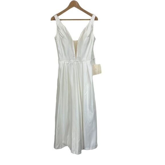 NEW Lan Ting Ivory Bridal Embellished Deep V Satin Wide Leg Jumpsuit, Small - Picture 2 of 15